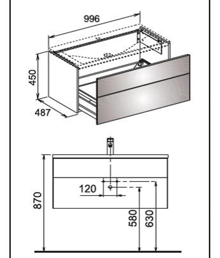 Тумба под раковину Keuco Royal Reflex 34070 210000 996x450x487 мм 1 ящик корпус белый глянец фасад белое стекло