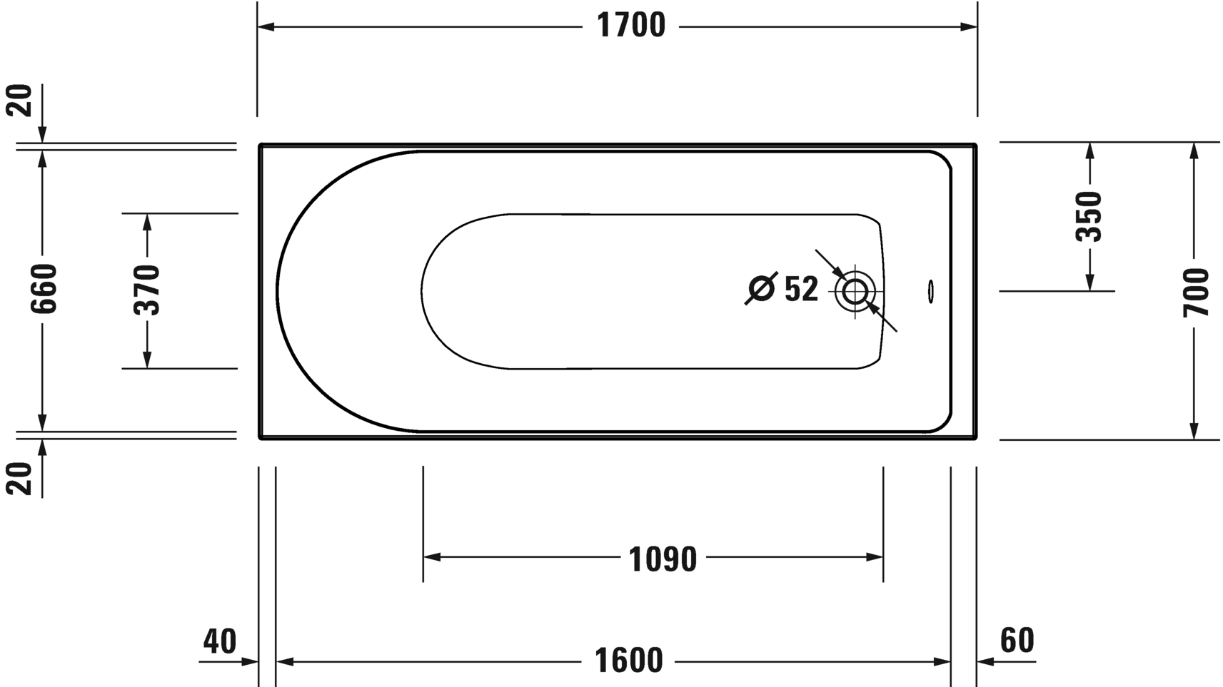 Встраиваемая акриловая ванна Duravit D-Neo 700478000000000 1700 мм х 700 мм, c одним наклоном для спины, белая