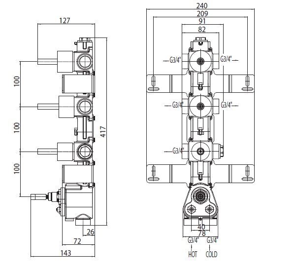 Внутренняя (скрытая) часть смесителя с термостатом Bossini Oki/Cube на 5 потребителей Z030210000