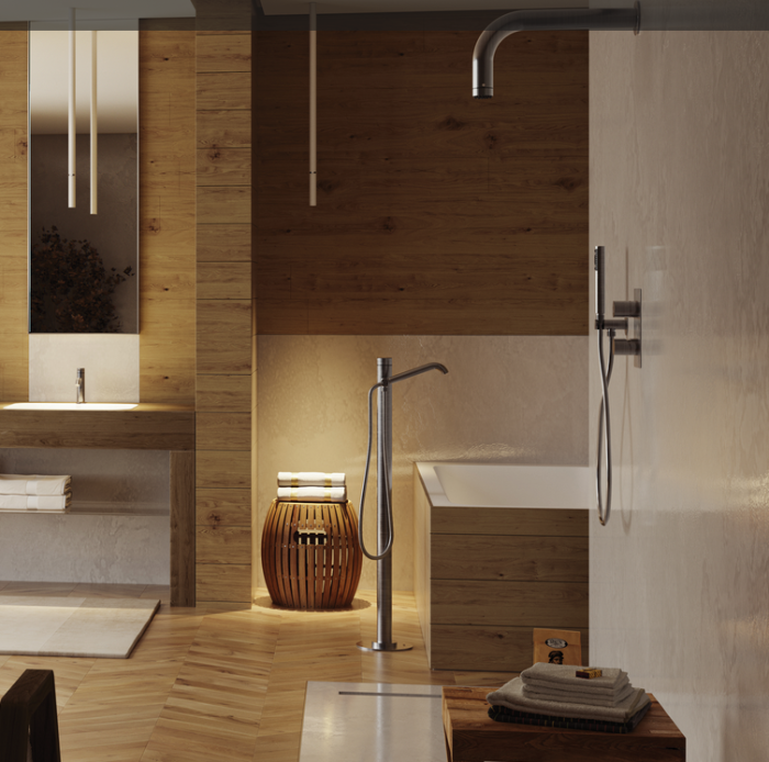 Однорычажный напольный смеситель для ванны Hansgrohe NOBU/INOX INL001.075 из нержавеющей стали, цвет Матовая нержавеющая сталь