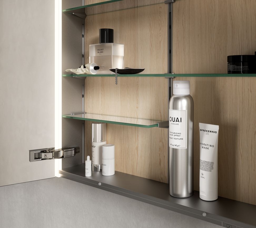 Зеркальный шкаф с подсветкой для встраиваемого монтажа KEUCO Somaris 14513 852200 115 мм х 1000 мм х 710 мм, с 2 поворотными ассиметричными дверцами, цвет корпуса под Светлый дуб