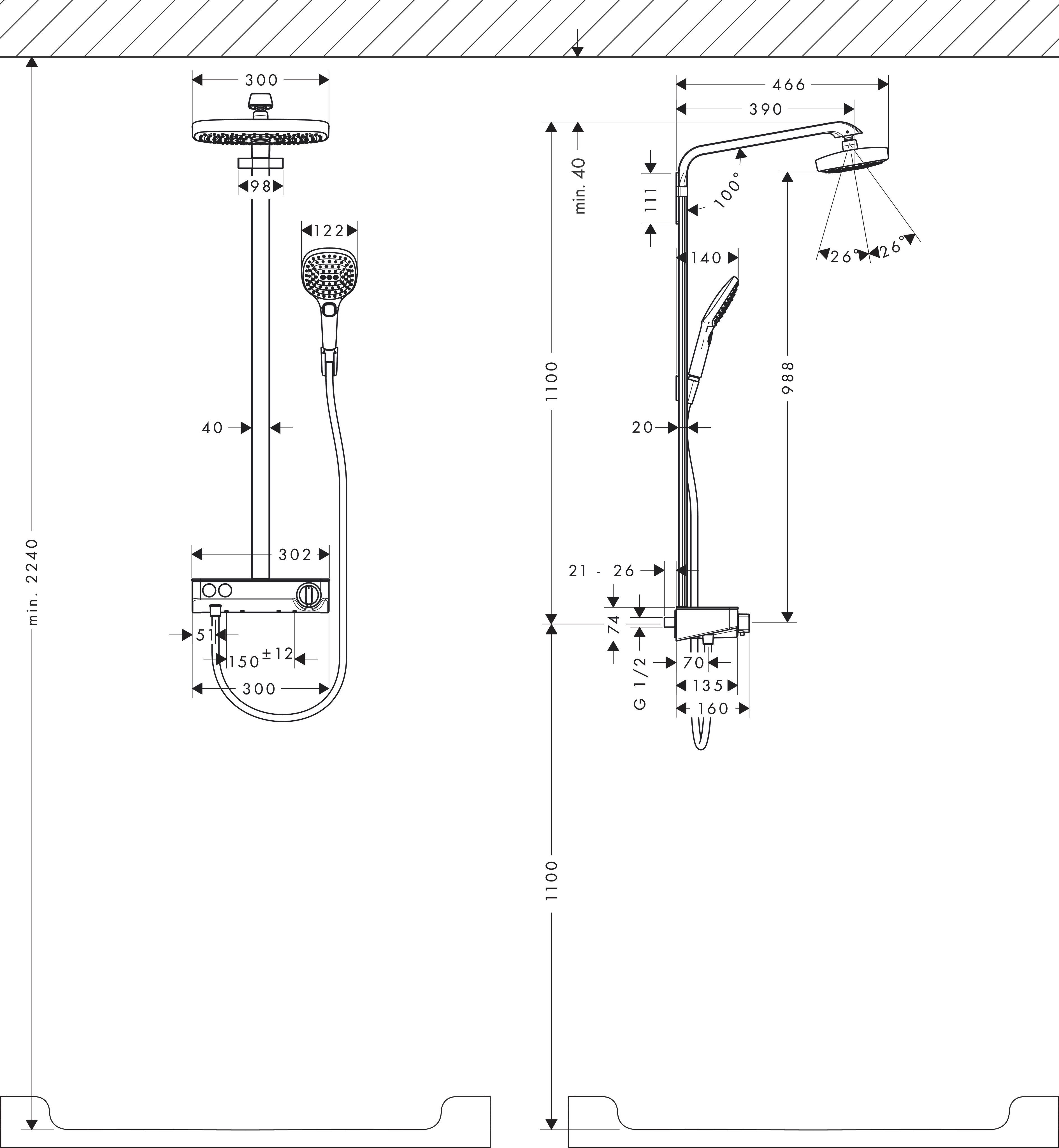Душевая система с термостатом и ручным душем HANSGROHE Raindance Select E Showerpipe 300 2jet 27283000 с Ecosmart 9 л/мин, цвет Хром