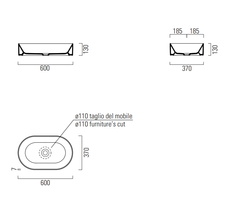 Раковина накладная овальная GSI KUBE X 945815 600 мм х 370 мм, без отверстия под смеситель, без перелива, цвет Ghiaccio Matte