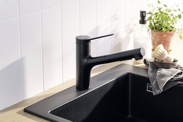 Смеситель однорычажный для кухни с вытяжным душем HANSGROHE ZESIS M33 2 JET 74803670 150 мм, с sBox lite, чёрный матовый