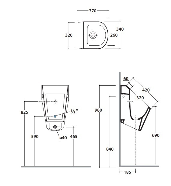 Писсуар подвесной GLOBO FORTY3 FO029BI 340 мм х 570 мм, без ободка (Rimless), со скрытым подводом воды, с сифоном, с креплением, белый