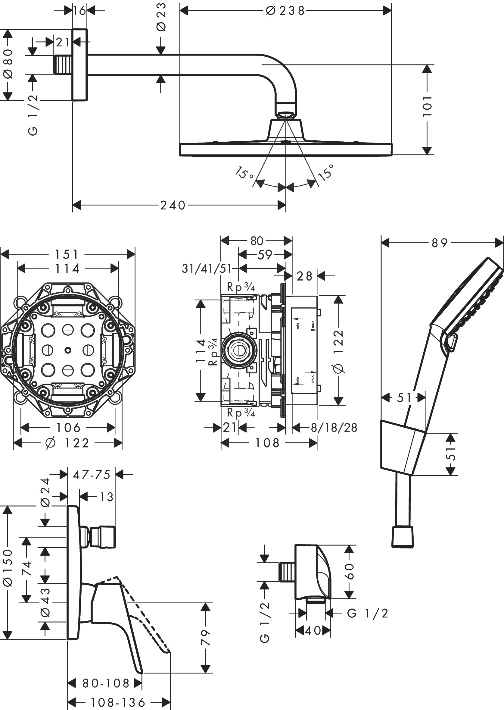 Душевая система cкрытого монтажа c однорычажным смесителем HANSGROHE Crometta E 240 1jet 27958000 с верхним и ручным душем и шлангом, цвет Хром