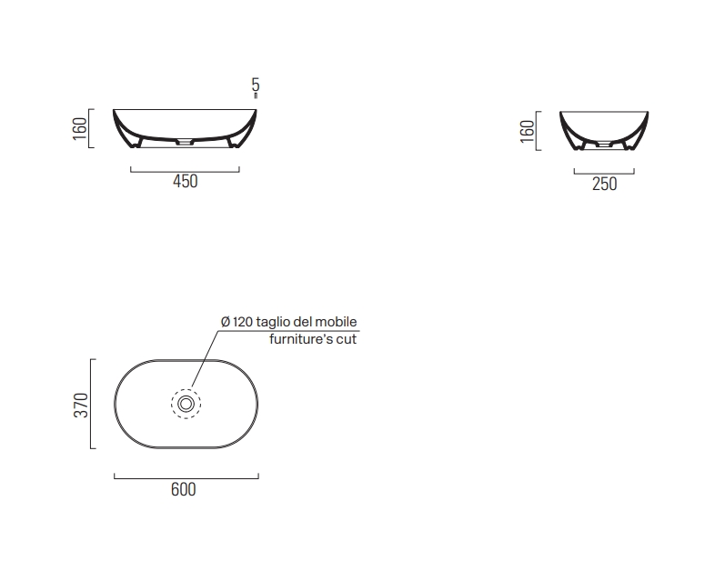 Раковина-чаша накладная овальная GSI PURA 883426 600 мм х 370 мм, без отверстия под смеситель, Чёрный матовый Ardesia