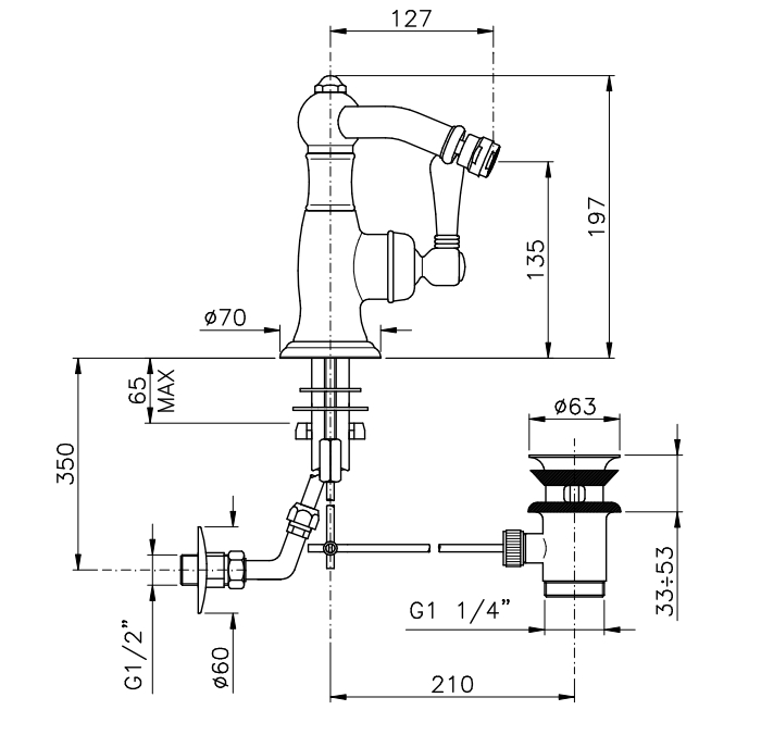 Смеситель однорычажный для биде NICOLAZZI CINQUANTA 3453BZ75C с донным клапаном, бронза