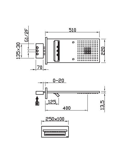 Многофункциональный верхний настенный душ CARIMALI YES 26870/S-CR 510 мм х 220 мм, с хромотерапией, хром
