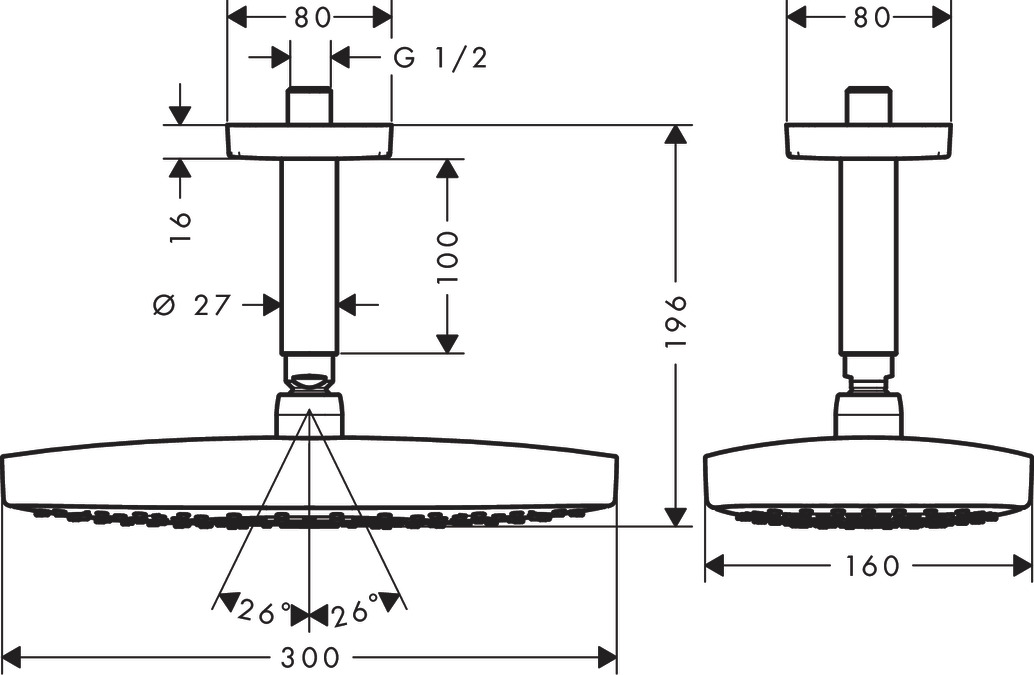 Верхний душ Hansgrohe Raindance Select E 300 2jet 27384000 с потолочным подсоединением хром