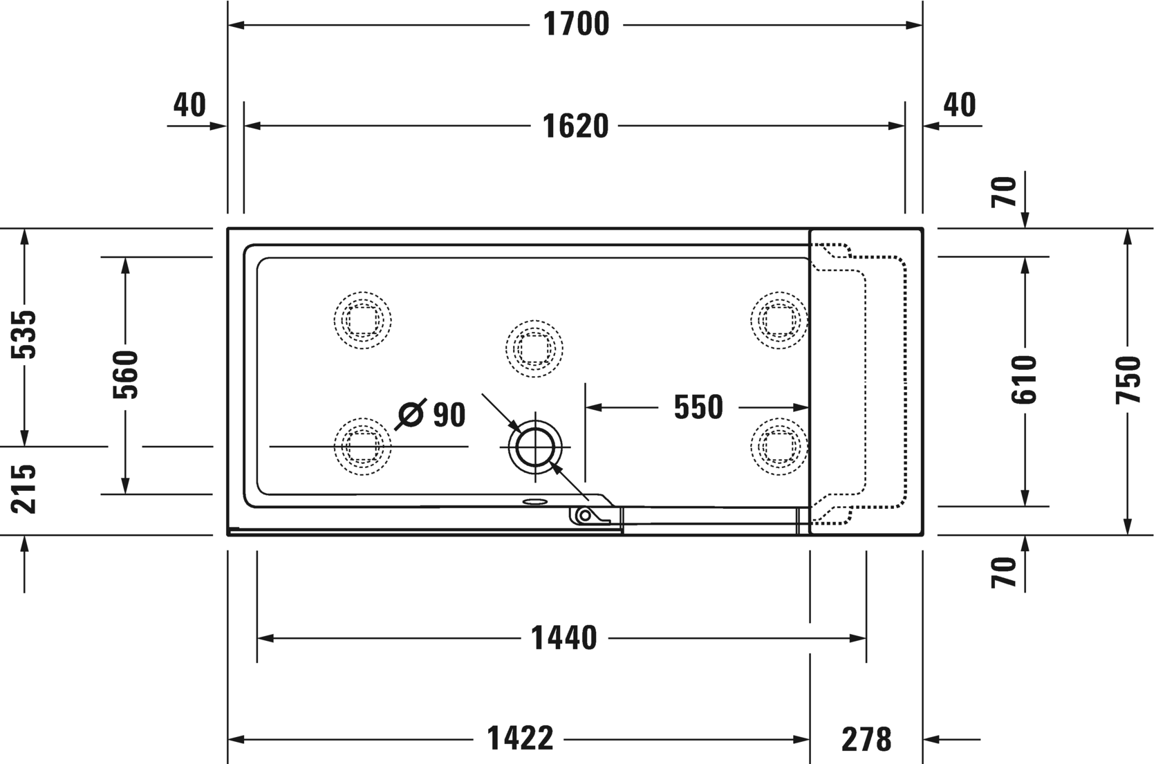 Ванна Duravit Shower + Bath 700403000000000 1700 х 1000 прозрачное стекло, со смонтированной дверцей, с ножками, угловая, белая