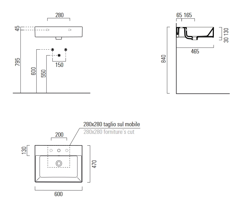 Раковина накладная/подвесная GSI KUBE X 9455111 600 мм х 470 мм, с 1 отверстием под смеситель, с переливом, без крепежа, белая глянцевая
