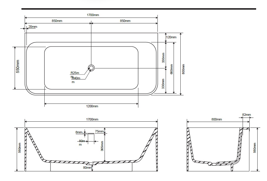Ванна прямоугольная отдельностоящая из композита DEA DESIGN Modern DD8665 1700 3, размер 1700 мм х 800 мм х 560 мм, с сифоном и донным клапаном, цвет Серый Grey №3