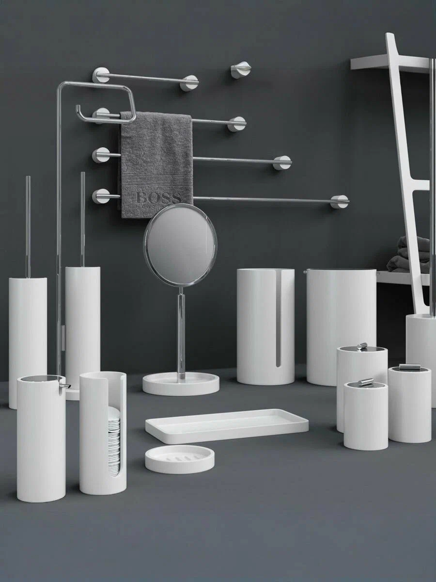 Стойка напольная с ершиком, держателем туалетной бумаги  DECOR WALTHER  STONE SBK    0973555  цвет белый матовый/сталь матовая