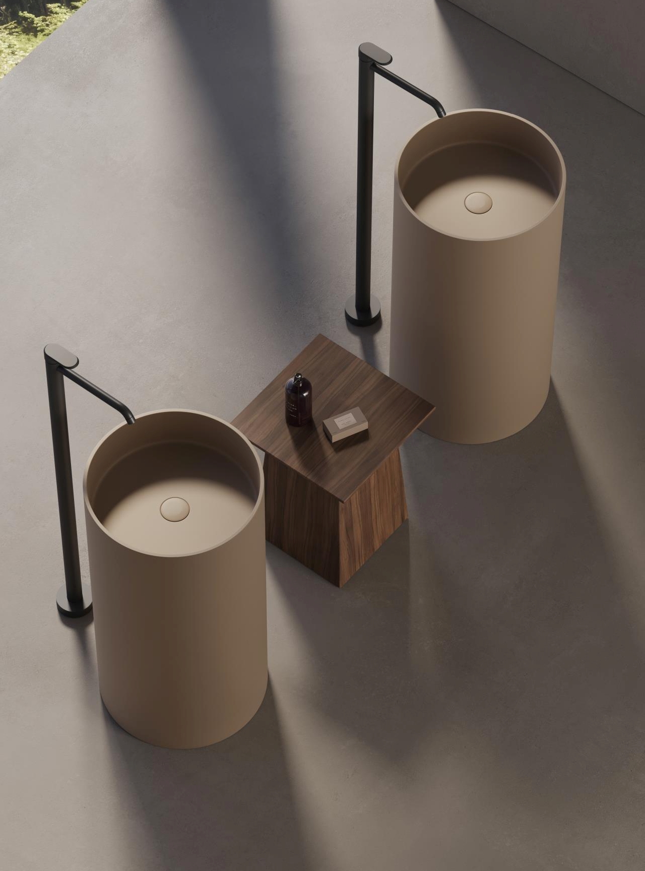 Раковина напольная DEA DESIGN Pedestal Basin  DD2012 450 R4   Ø 450 х 900 мм, из из полимера Glasstech, д/клапан хром, цвет  дымчато-черный Smoky Black R4