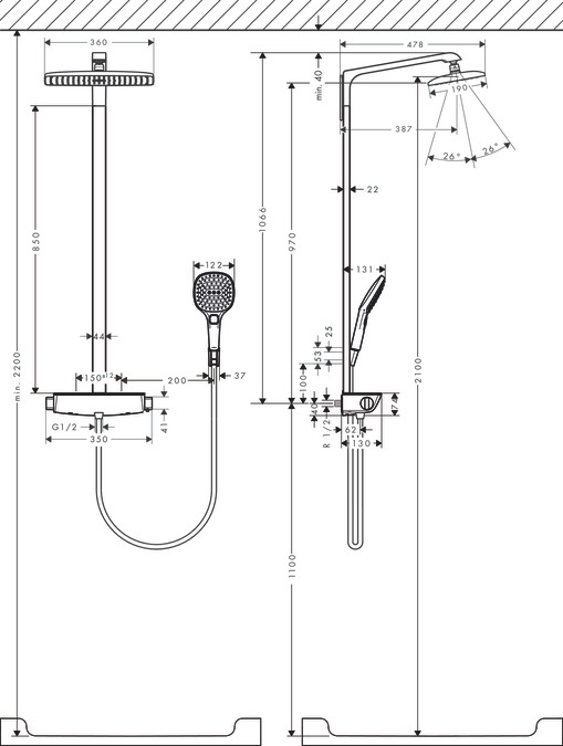 Душевая система Hansgrohe Raindance E Showerpipe 360 1jet EcoSmart 9 л/мин 27286000 с термостатом хром