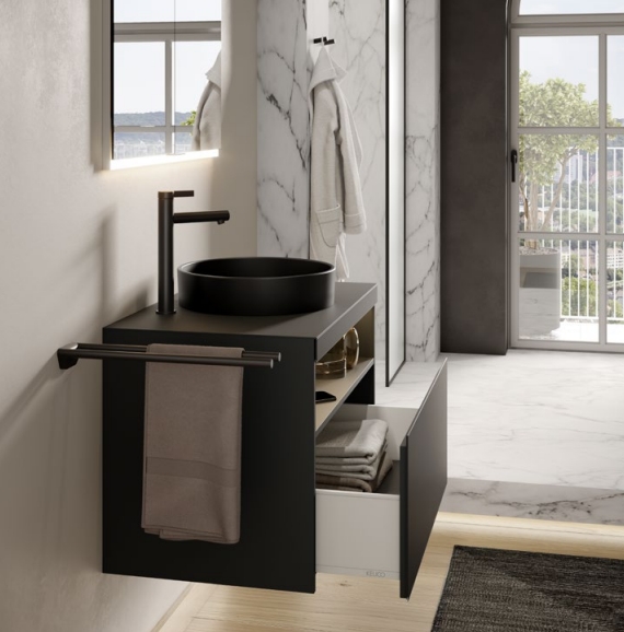 Тумба под раковину с освещением KEUCO STAGELINE 32863 180100 490 мм х 800 мм х 549 мм, с 1 выдвижным ящиком, с сифоном, кашемир/кашемир