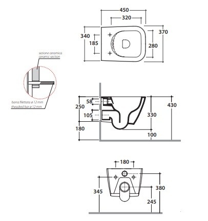 Унитаз подвесной безободковый укороченный GLOBO STONE STS07BI 370 мм х 450 мм, с креплением, белый глянцевый