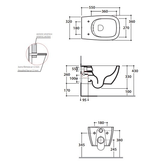 Унитаз подвесной безободковый GLOBO GENESIS GNS02BI 360 мм х 550 мм, с креплением, белый глянцевый