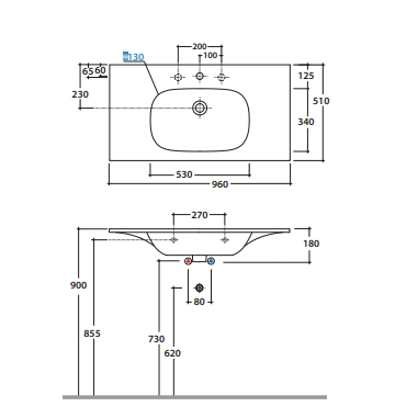 Раковина накладная/подвесная GLOBO BOULEVARD BL096BI 960 мм х 510 мм х 180 мм, с отверстием под смеситель, белая глянцевая