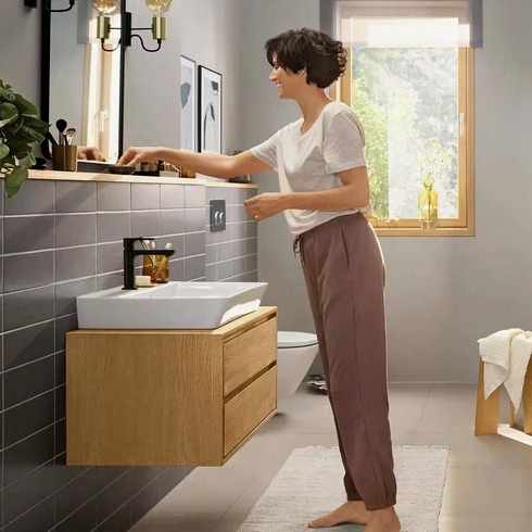 Смеситель однорычажный для раковины HANSGROHE REBRIS E 72560670 110 мм, с CoolStart, без донного клапана, чёрный матовый