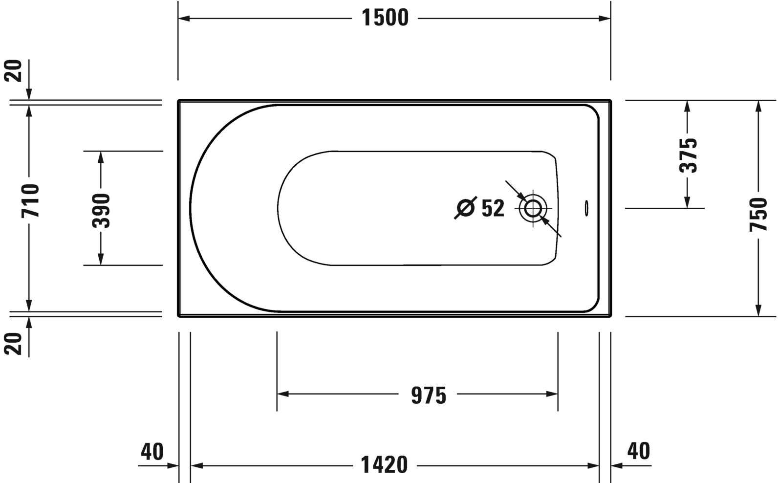 Встраиваемая ванна Duravit D-Neo 700471000000000 1500 мм х 750 мм, c одним наклоном для спины, белая