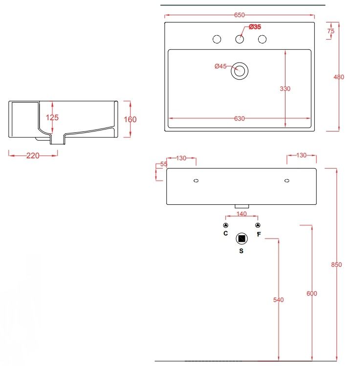 Раковина накладная/подвесная ARTCERAM QUADRO QUL003 01 00 650 мм х 480 мм, c отверстием под смеситель, с переливом, белый глянцевый