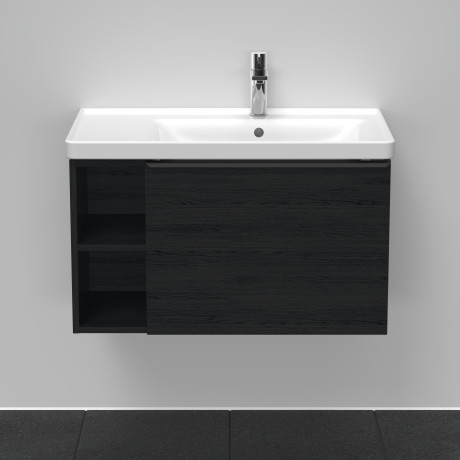 Тумба подвесная под раковину DURAVIT D-Neo DE425701616 784 мм х 452 мм, с выдвижным ящиком и открытой боковой полкой, чёрный дуб