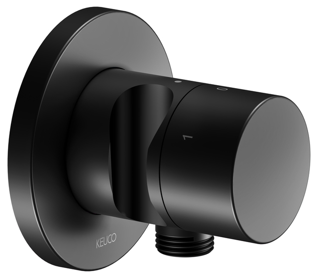 Запорный вентиль с переключателем на 3 потребителя KEUCO IXMO 59549 370201 с выводом для шланга и держателем для лейки, с круглой розеткой, c рукояткой IXMO Pure, чёрный матовый