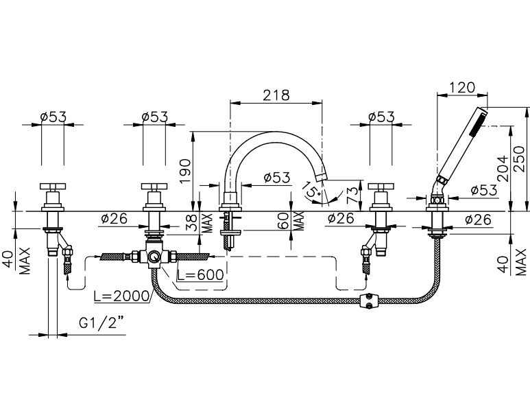 Смеситель на борт ванны двухвентельный NICOLAZZI MAC KINLEY 05 2214CR29 на 5 отверстий, хром