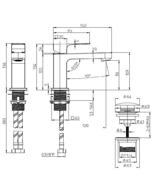 Однорычажный смеситель для раковины BOSSINI GILLO Z00704.030 с донным клапаном, цвет Хром