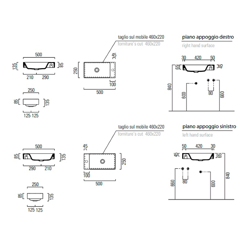 Раковина накладная/подвесная GSI NUBES 9637111 500 мм х 250 мм х 135 мм, без перелива, с отверстием под смеситель справа или слева, цвет Белый глянцевый