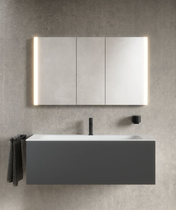 Зеркальный шкаф с подсветкой и подогревом для настенного монтажа KEUCO Somaris 14504 373101  127 мм х 1200 мм х 710 мм, с 3 поворотными дверцами, цвет корпуса Чёрный матовый