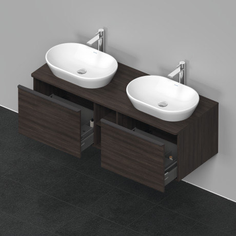Тумба подвесная под две раковины DURAVIT D-Neo DE4950B5353 1400 мм х 550 мм, с 2 выдвижными ящиками и открытой полкой, каштан тёмный