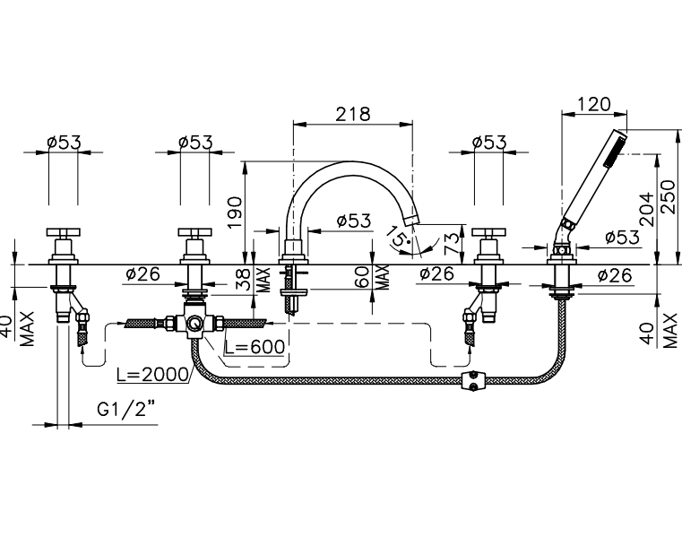Смеситель на борт ванны двухвентельный NICOLAZZI MONTE CROCE 2214CR27 на 5 отверстий, хром