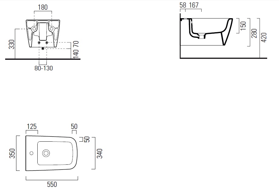Биде подвесное GSI NUBES 9665FR5126 550 мм х 350 мм, с отверстием под смеситель, с переливом, с креплением, цвет Чёрный матовый Ardesia (старый артикул 9665126/ 9665FR2126)