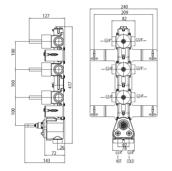 Внутренняя (скрытая) часть термостатического смесителя с девиатором Bossini Oki/Cube на 6 потребителей Z030273000