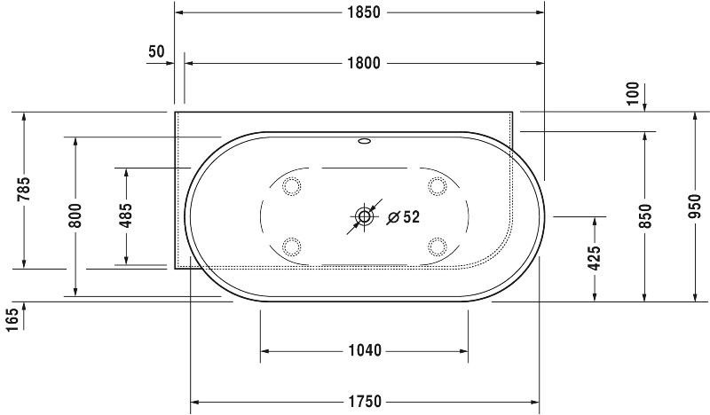 Ванна из композитного материала с углом слева Duravit Luv 700431000000000 1850 x 950 мм