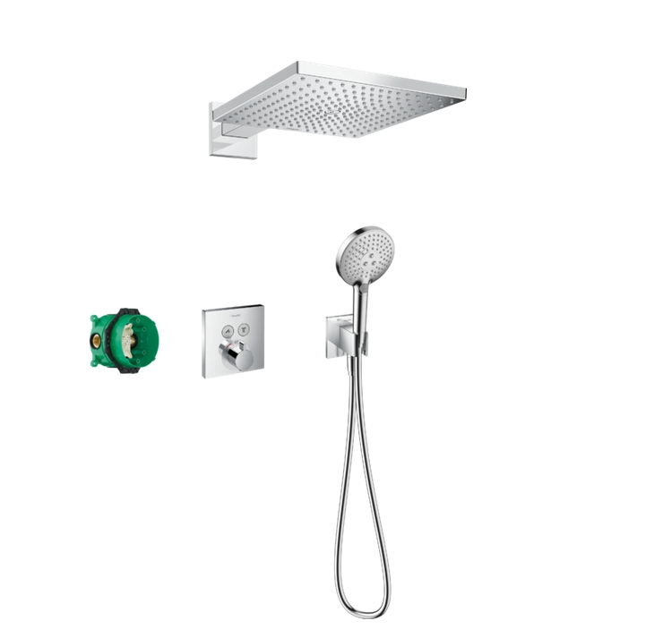 Душевая система скрытого монтажа с термостатом ShowerSelect Square HANSGROHE Raindance Е 27952000 300 1jet, с верхним и ручным душем, со шлангом, цвет Хром