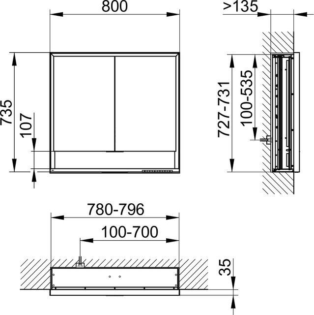 Зеркальный шкаф с подсветкой и подогревом для встраиваемого монтажа KEUCO Royal Lumos 14312 171304 165х800х735 мм, 2 дверцы, цвет Алюминий серебристый анодированный