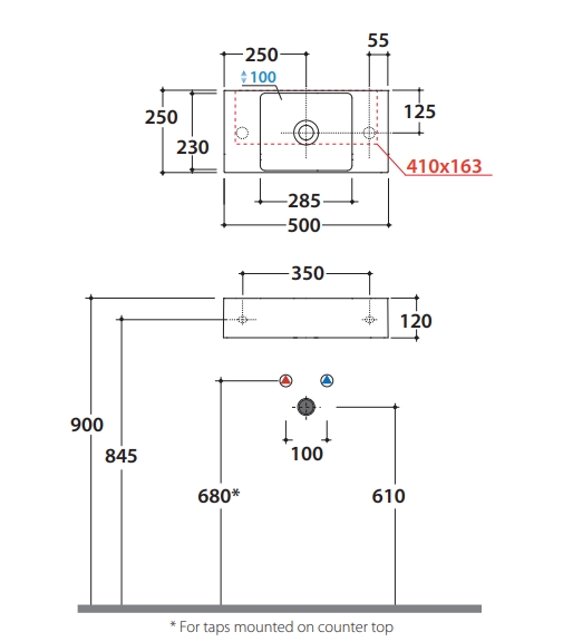 Раковина накладная GLOBO T-EDGE B6R52BI 500 мм х 250 мм х 120 мм, с намеченным отверстием под смеситель, без перелива, белая глянцевая