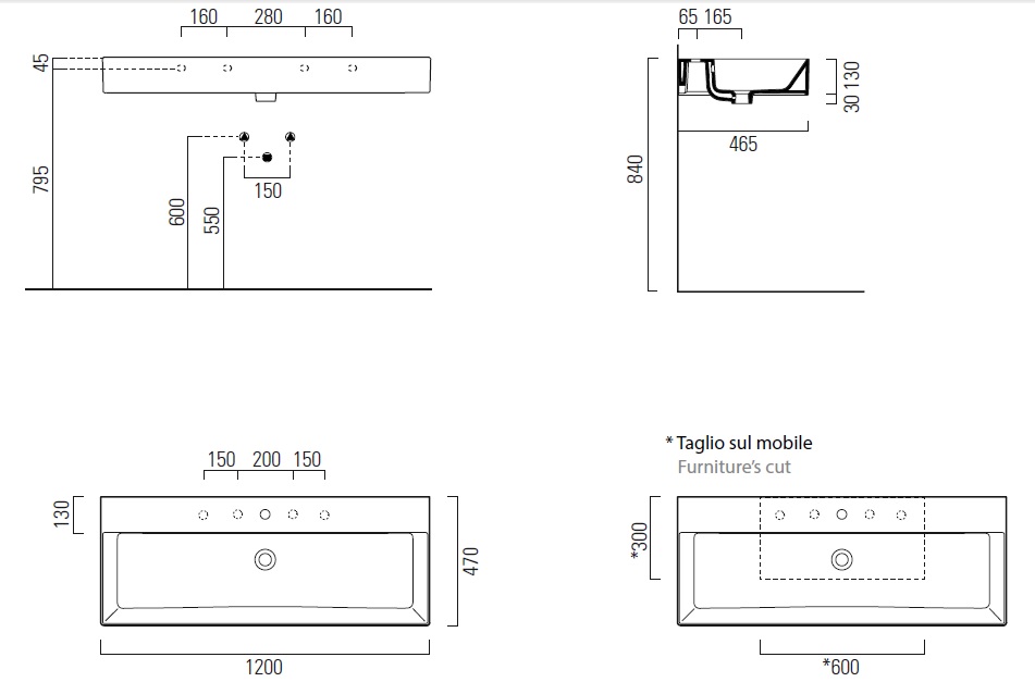 Раковина накладная/подвесная GSI KUBE X 9424111 1200 мм х 470 мм, с 1 отверстием под смеситель, с переливом, без крепежа, цвет Белый глянцевый