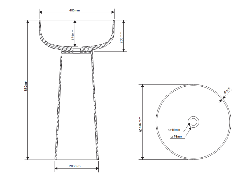 Раковина напольная DEA DESIGN Pedestal Basin DD2027 480 R4 480 мм х 480 мм х 880 мм, с донным клапаном, цвет Smoky Black R4