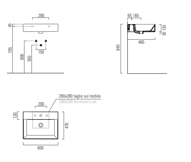 Раковина накладная/подвесная GSI KUBE X 9431111 600 мм х 470 мм, с 1 отверстием под смеситель, с переливом, без крепежа, белая глянцевая