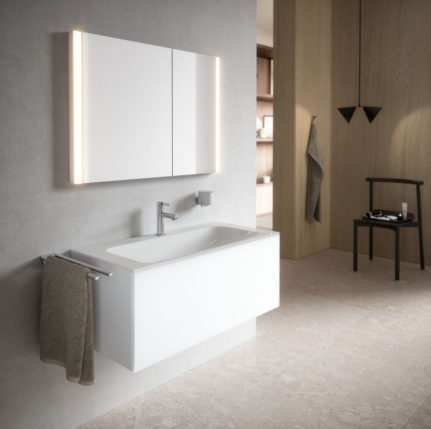 Зеркальный шкаф с подсветкой для встраиваемого монтажа KEUCO Somaris 14513 512200 115 мм х 1000 мм х 710 мм, с 2 поворотными ассиметричными дверцами, цвет корпуса Белый матовый