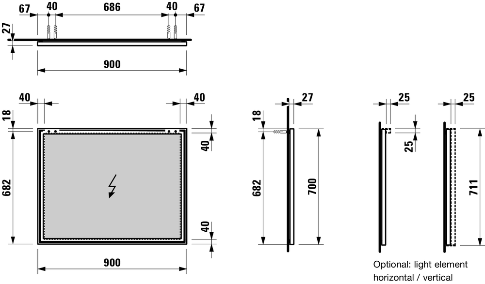 Зеркало   Laufen   Frame25  4.4740.5.900.144.1  90 см,  алюминиевая рама