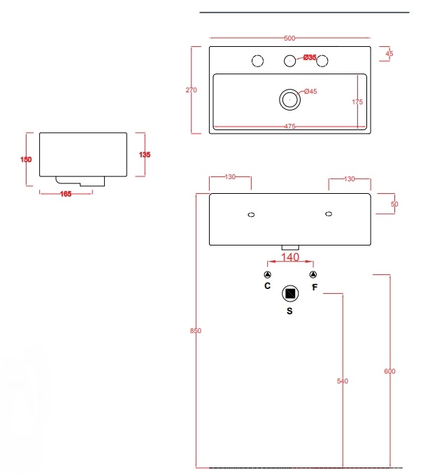 Раковина подвесная/накладная ARTCERAM QUADRO QUL001 01 00 270 мм х 500 мм, c отверстием под смеситель, без перелива, белый глянцевый (Снято с производства)