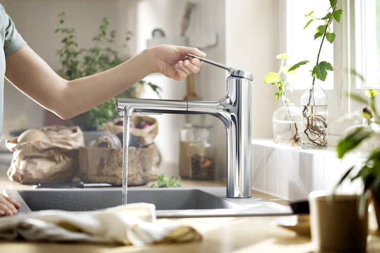 Смеситель однорычажный для кухни с вытяжным душем HANSGROHE ZESIS M33 2 JET 74804800 160 мм, с sBox lite, под сталь