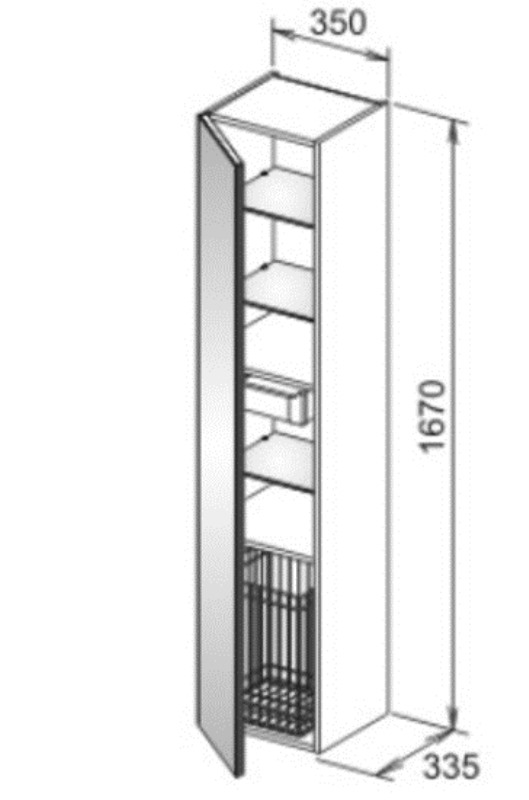 Высокий шкаф-пенал с корзиной Keuco Royal Reflex 34031 210001 350x1670x335 мм 1 дверь петли слева корпус белый глянец фасад белое стекло