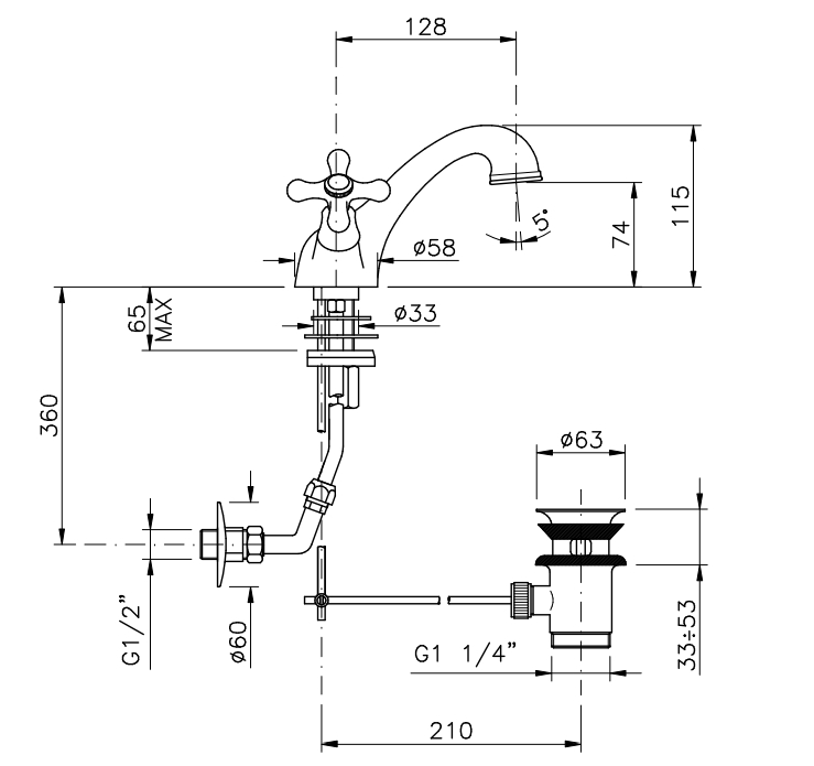 Смеситель для раковины двухвентильный NICOLAZZI NUOVA BRENTA 2532GB с донным клапаном и переливом, золото